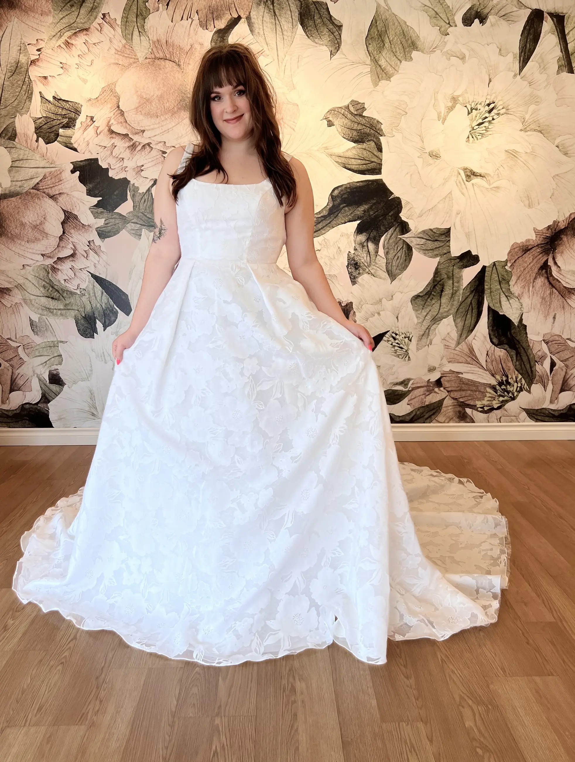 Soft A-line Wedding Dress with Bold Lace and Square Neckline