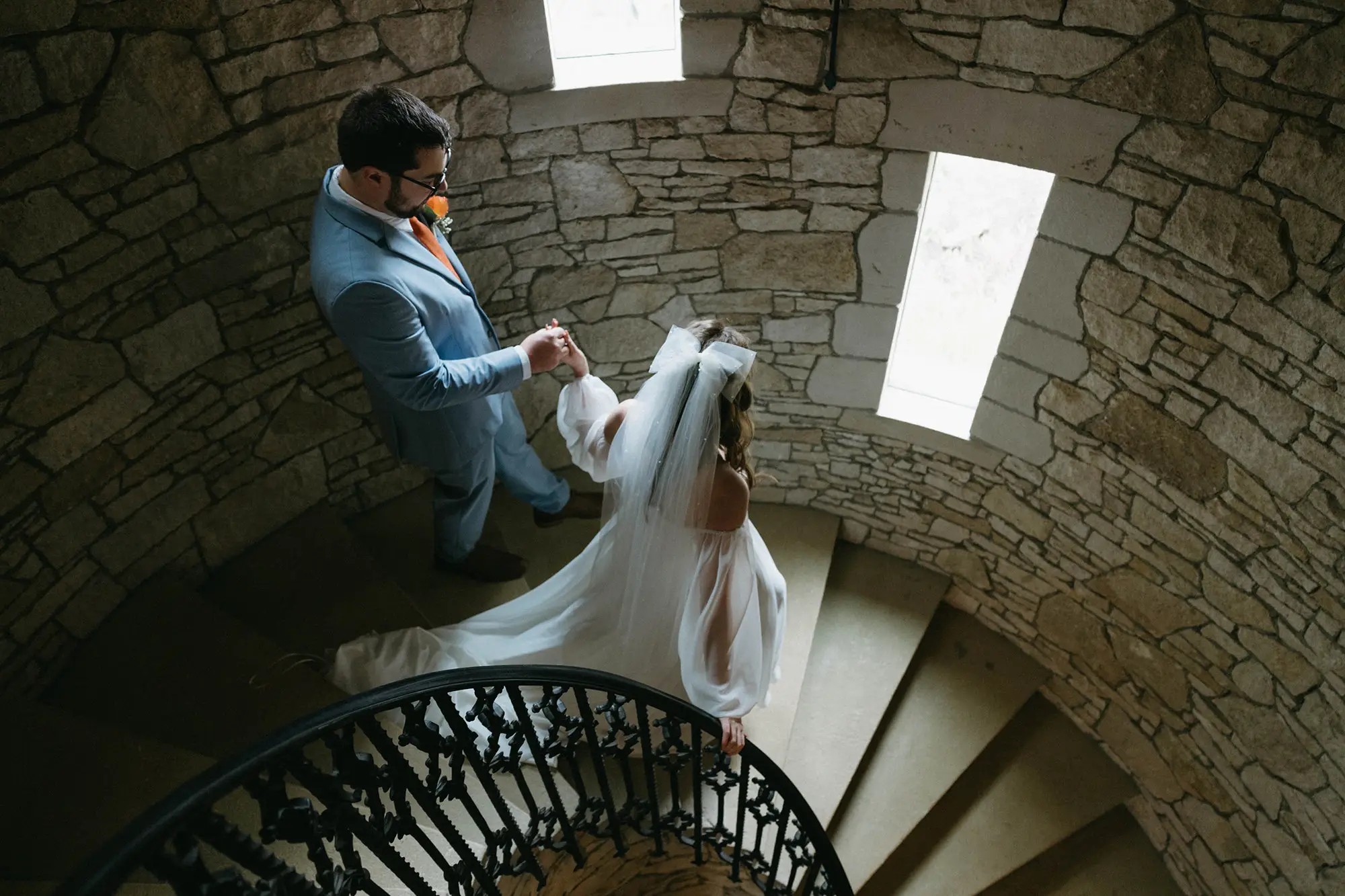 Bride and Groom in Gothic Staircase