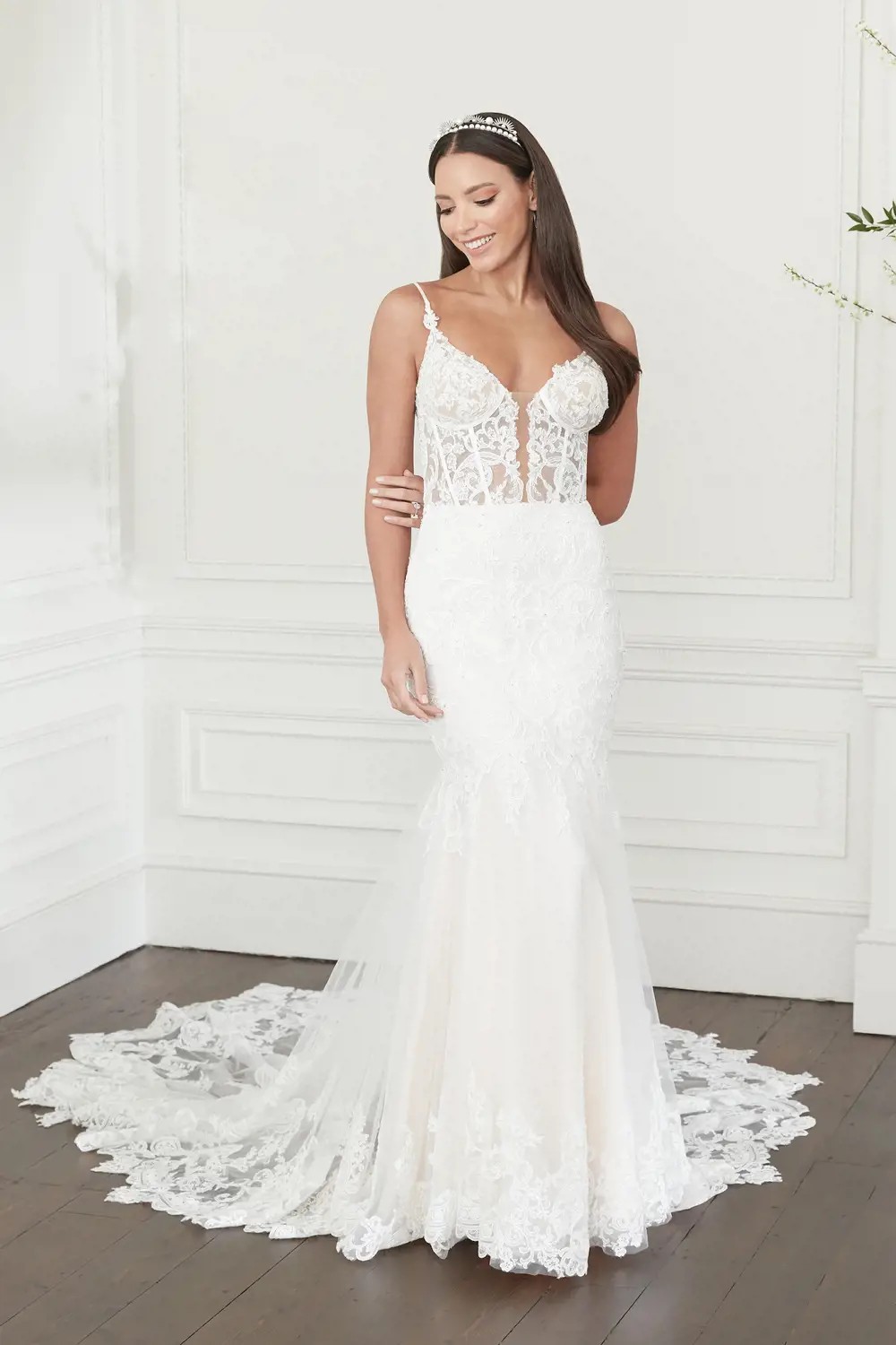 Low Cut Fit and Flare Lace Wedding Dress