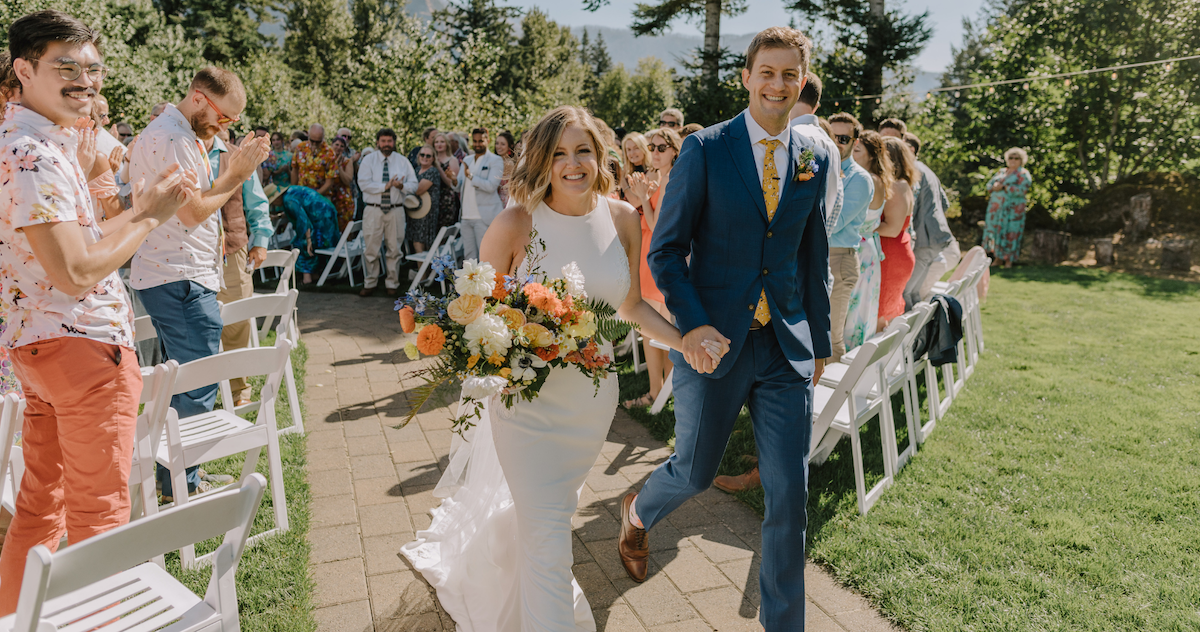 Bride with colorful floral bouquet