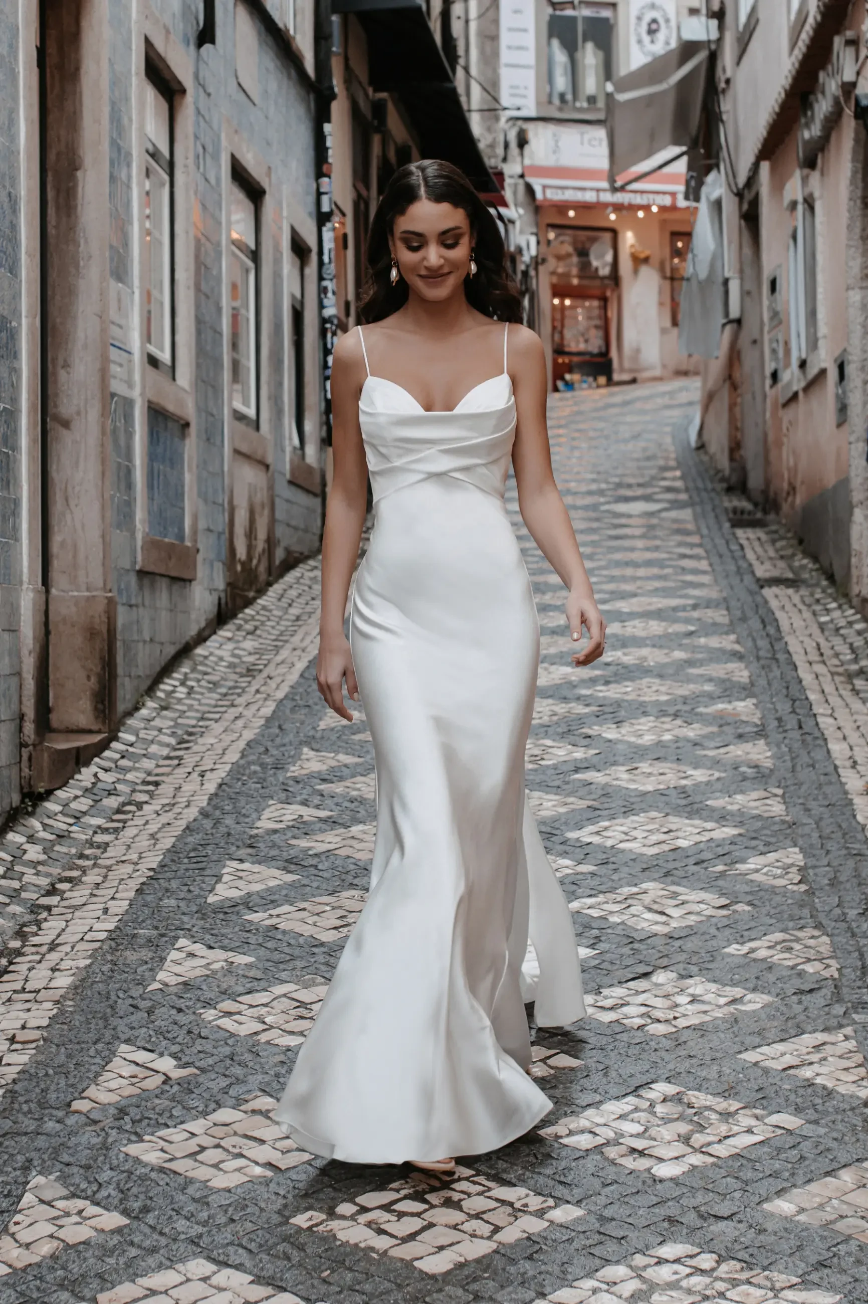 clean fitted weddin gown with straps