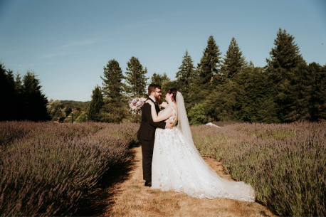 Bride and groom in Lavender field