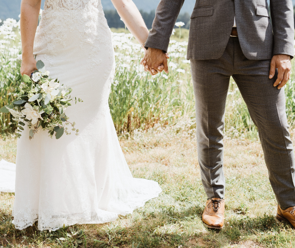 bride and groom holding hands