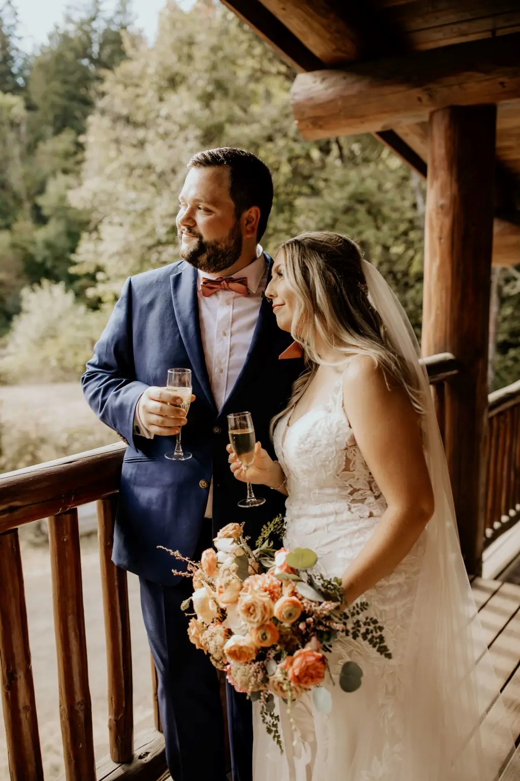 cocktail hour bride and groom lace wedding dress
