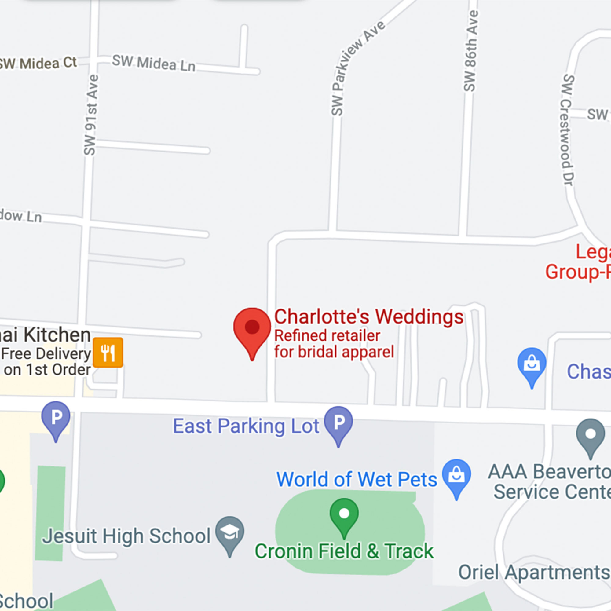 Charlotte's Weddings & More location. Mobile image