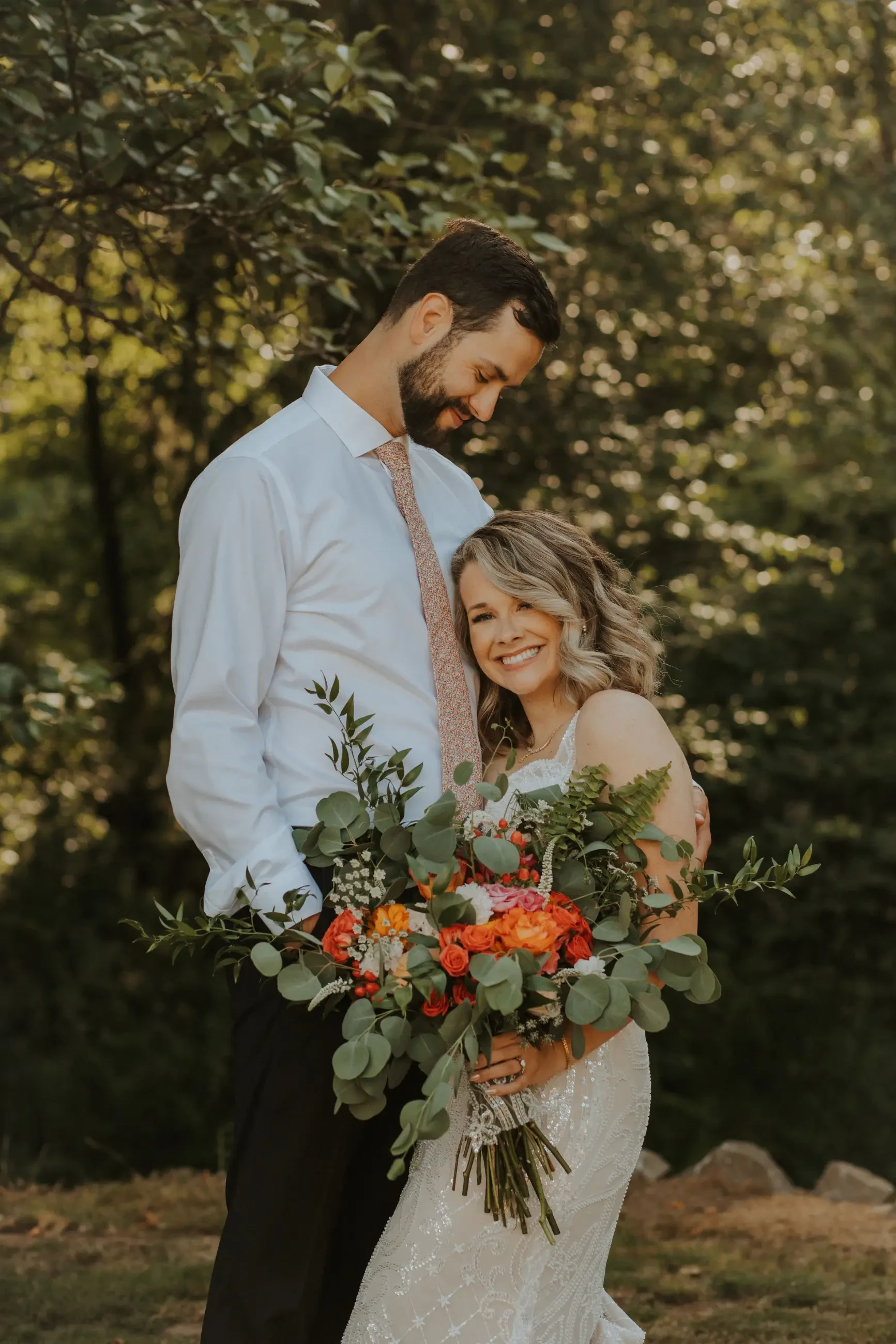 Bride and groom on wedding day in Tillamook, OR