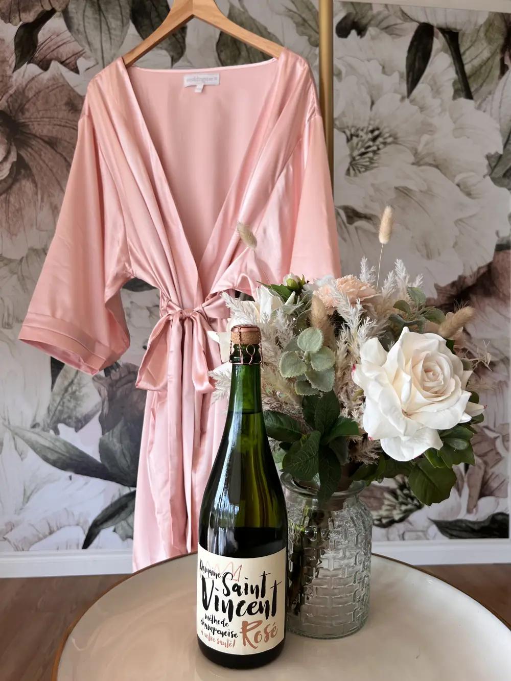 Satin Robe and bottle of sparkling Rosé