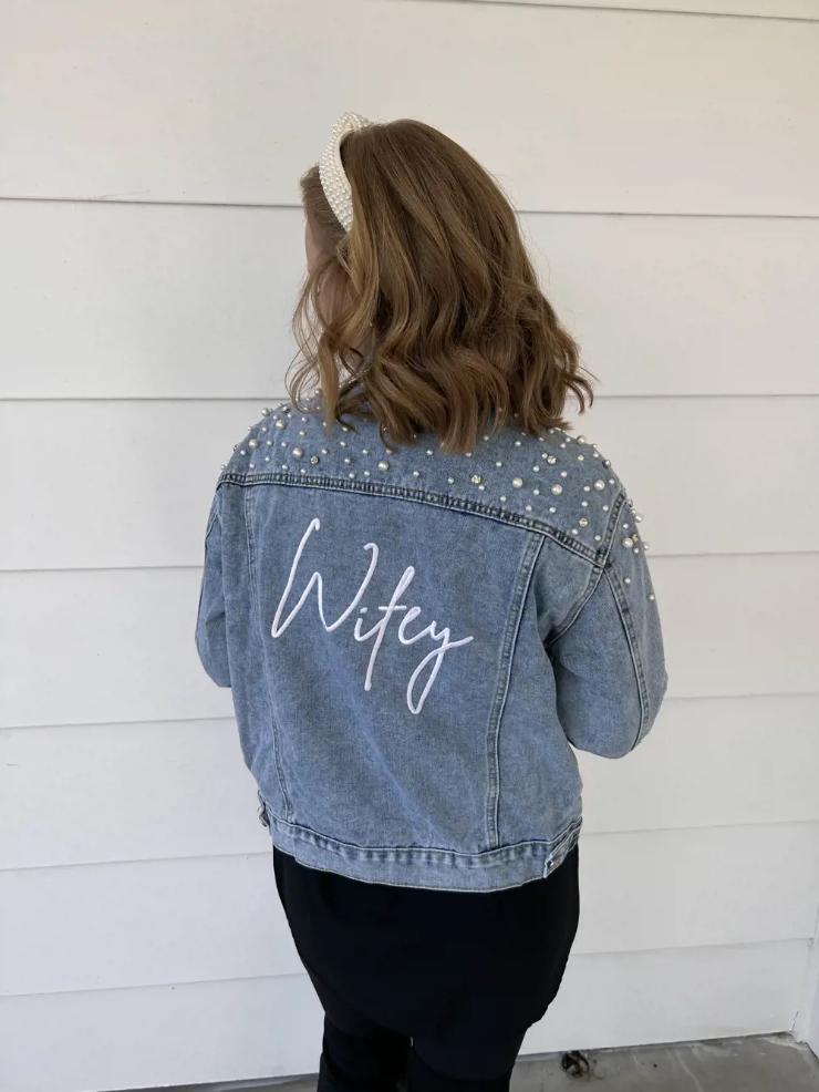 Charlotte's Style Classic Pearl and Rhinestone Studded Jean Jacket with Wifey Embroidery Default Thumbnail Image
